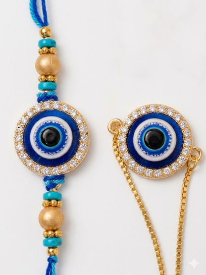 Dhiyona Set Of 2 Blue Evil Eye Gold Toned Bhaiya Bhabhi Rakhi