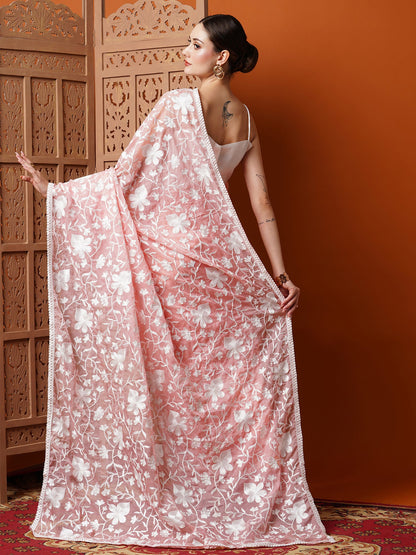 Women's Organza Pink Embroidered Designer Saree With Blouse Piece
