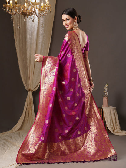 Women's Silk Blend Magenta Woven Design Designer Saree With Blouse Piece