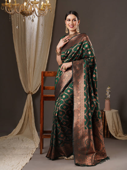 Women's Silk Blend Green Woven Design Designer Saree With Blouse Piece