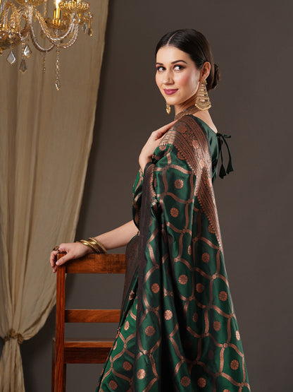 Women's Silk Blend Green Woven Design Designer Saree With Blouse Piece