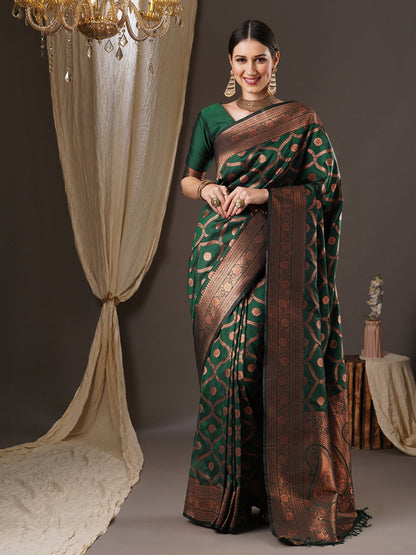 Women's Silk Blend Green Woven Design Designer Saree With Blouse Piece