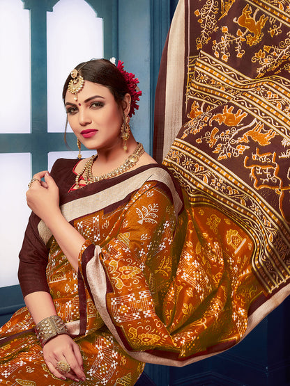 Women's Bhagalpuri Silk Mustard Printed Designer Saree With Blouse Piece