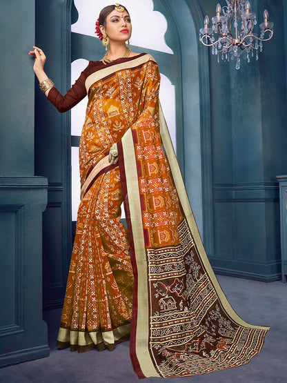 Women's Bhagalpuri Silk Mustard Printed Designer Saree With Blouse Piece