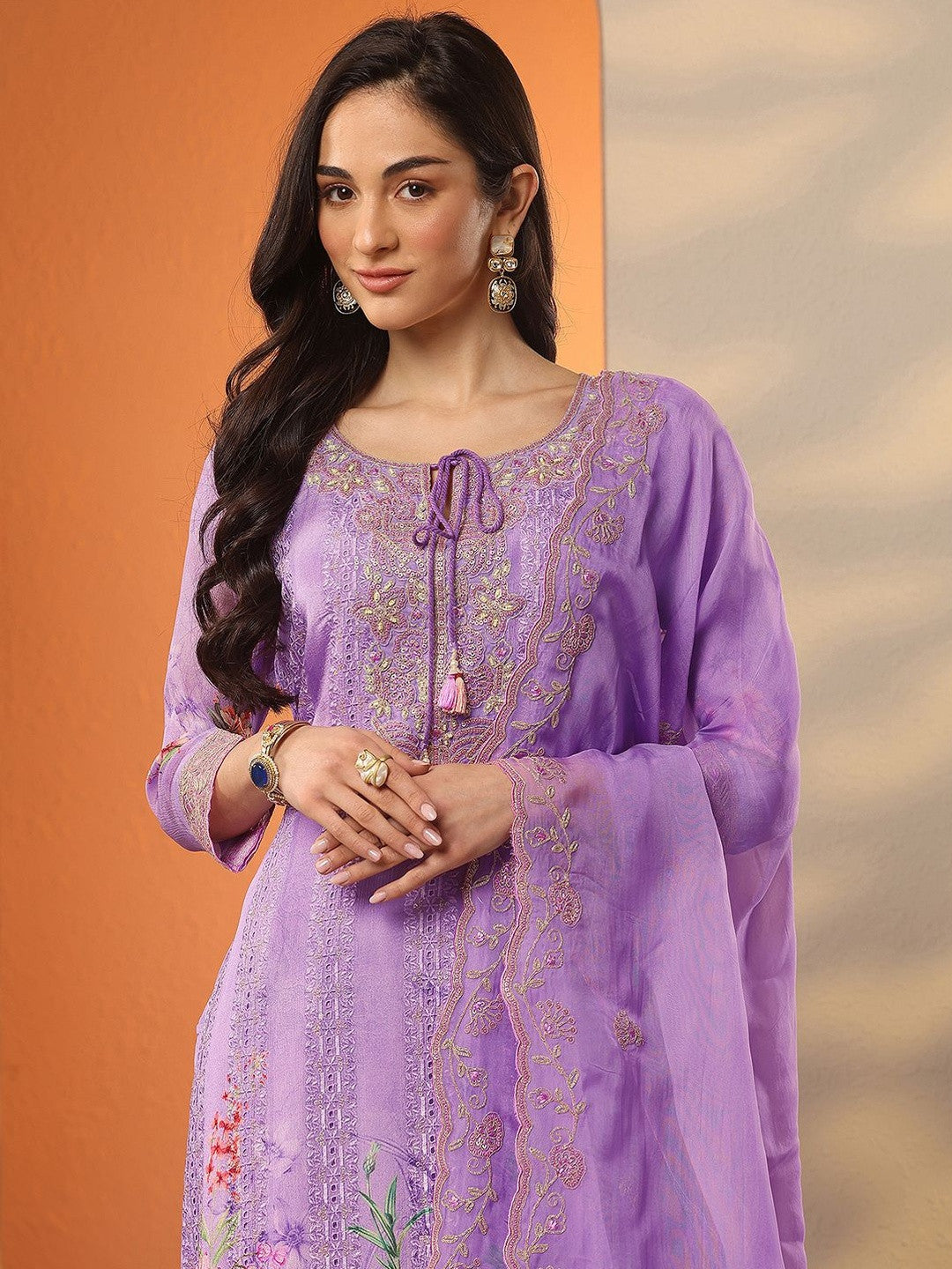 Floral Printed Thread Work Straight Kurta With Palazzos & Dupatta
