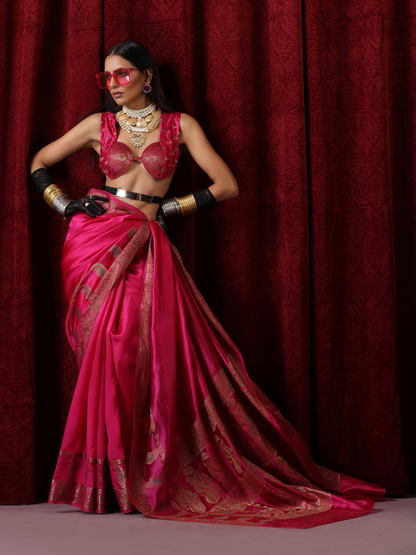 Dhiyona ST Banarasi Meena Kari Pink Pure Silk Saree with Blouse Fabric