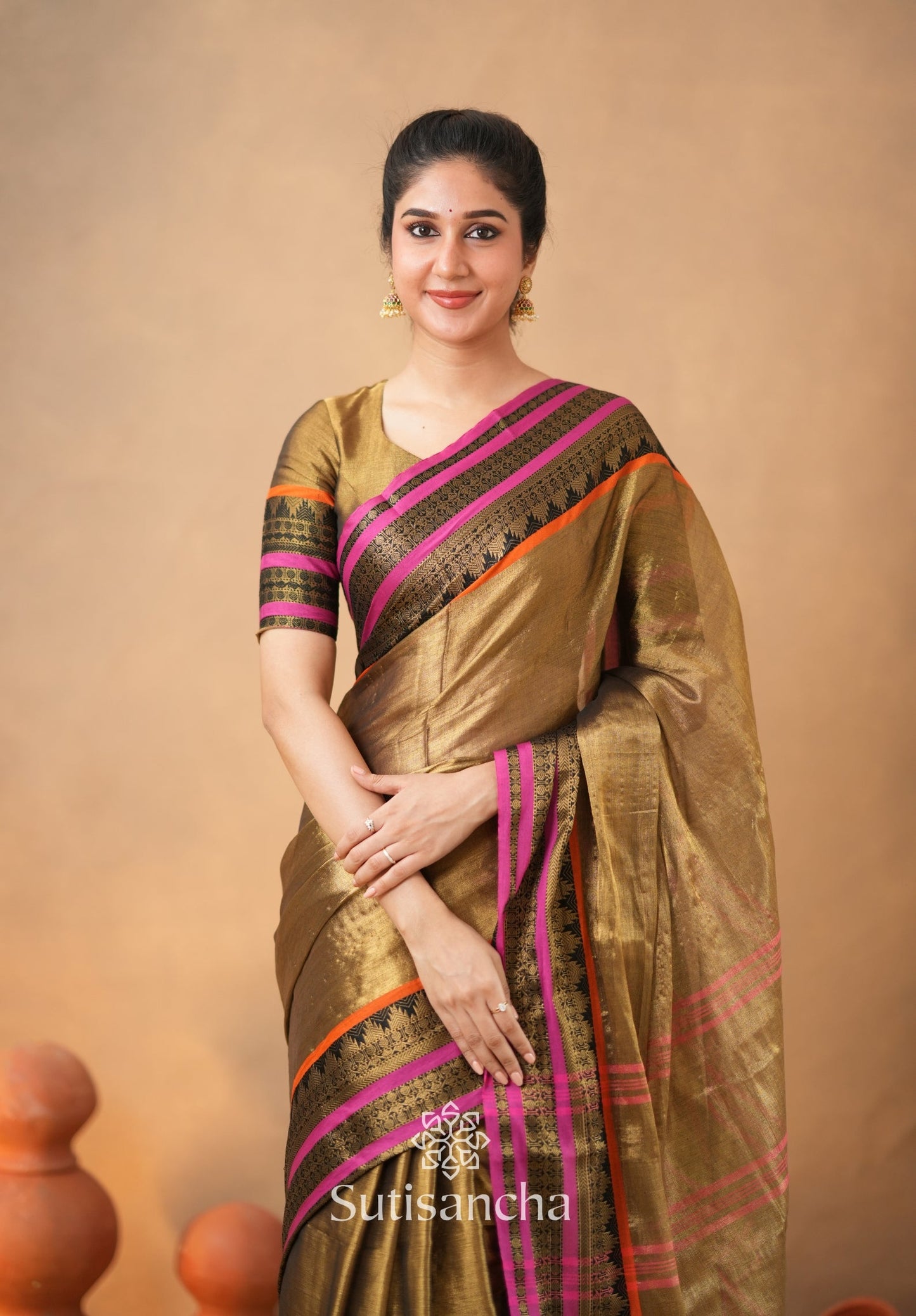 Dhiyona SS South Charm Tissue Cotton Saree with Traditional Border