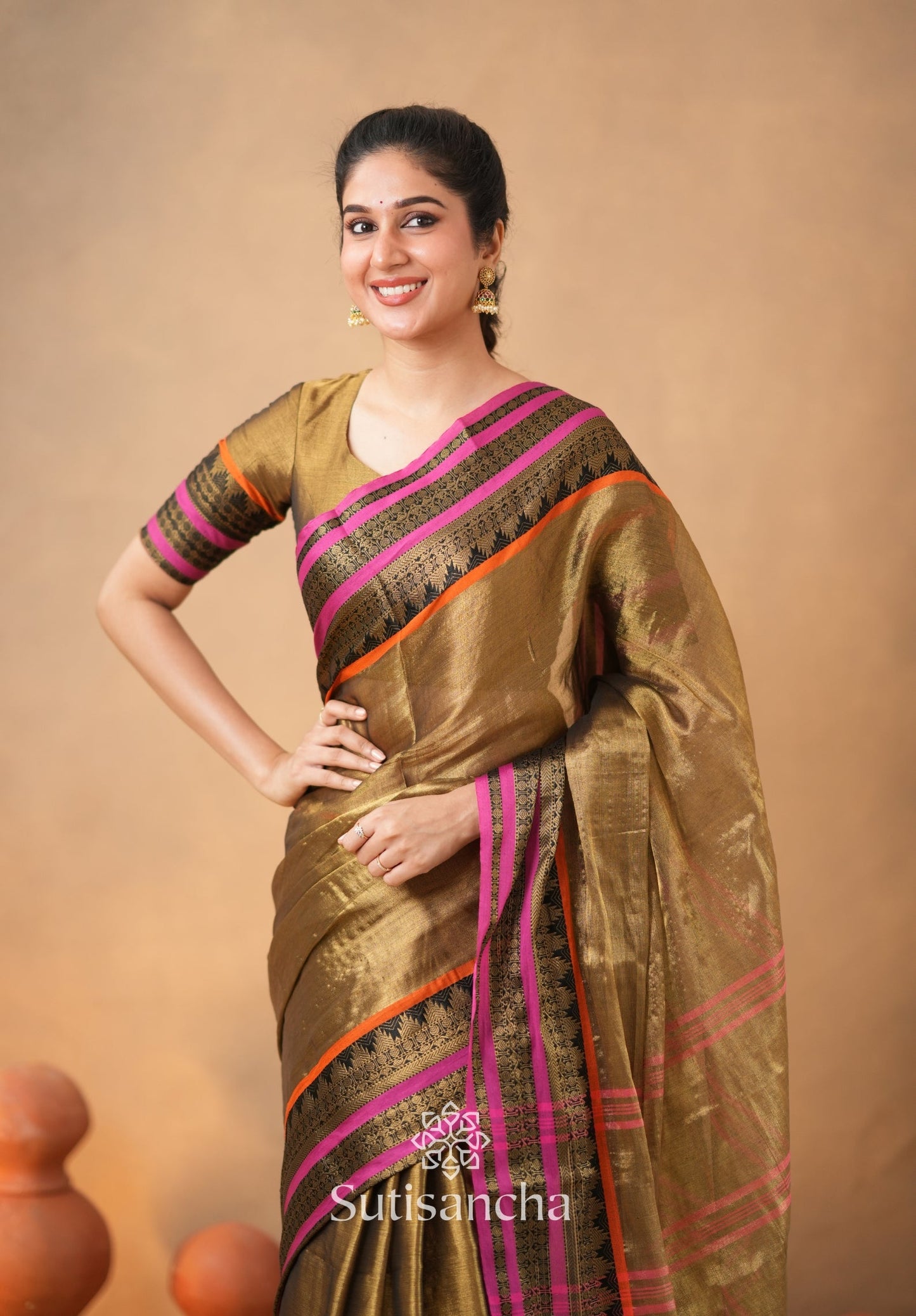 Dhiyona SS South Charm Tissue Cotton Saree with Traditional Border