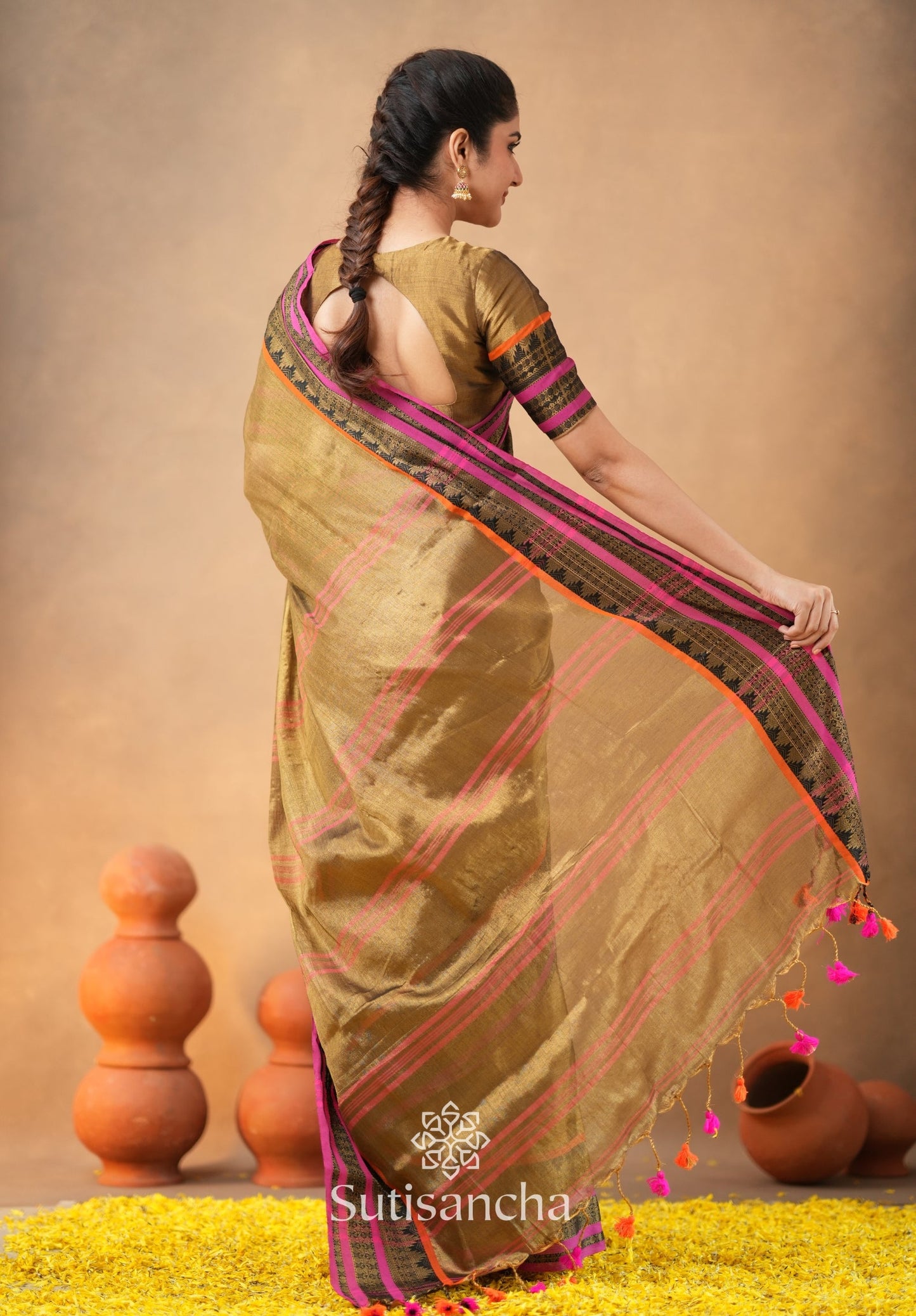 Dhiyona SS South Charm Tissue Cotton Saree with Traditional Border