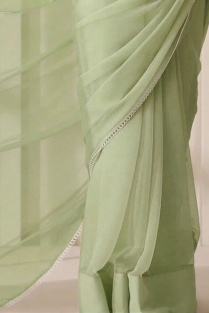 Dhiyona ST Sage Chiffon Saree with White Lace and Self Blouse Fabric