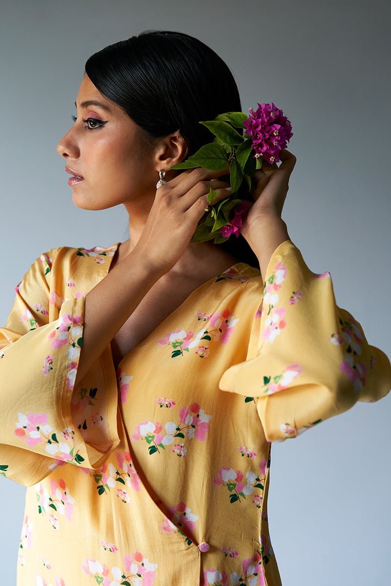 Women's Yellow Crepe Silk Printed Co-ord Set With Detailing Lace Work on Bottom Seam Line
