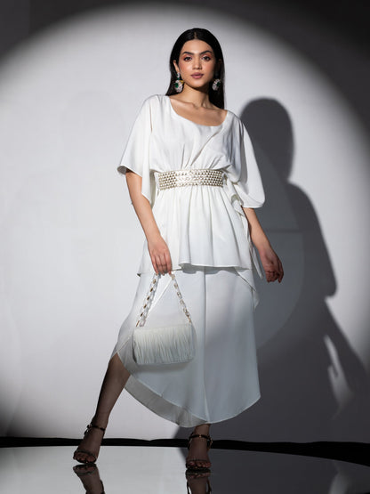 Dhiyona ST Women's Off White Crepe Short Kurta Top with Lace 1 Piece | Straight Fit, U Neck, 3/4 Sleeves, Work wear, Casual Wear, (Crepe)