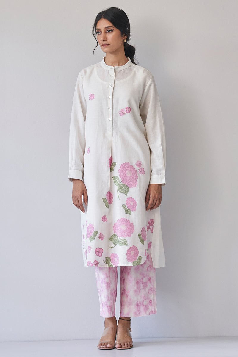 Women's Cream Woven Flower Cotton Linen Co-ord Set