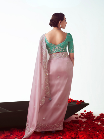 Dhiyona KM Women Baby Pink Organza Silk Saree