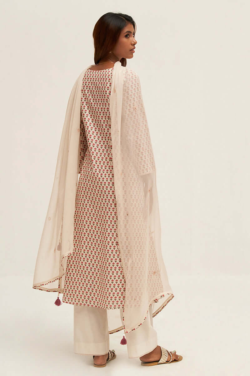 Women's Cream Flower Printed Cotton Angrakha Suit