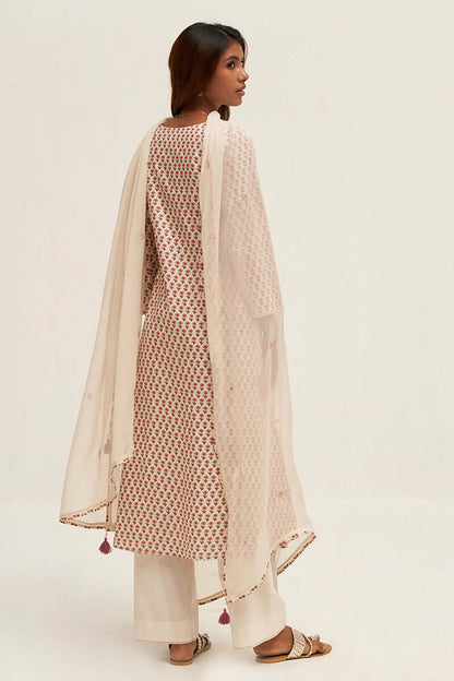 Women's Cream Flower Printed Cotton Angrakha Suit