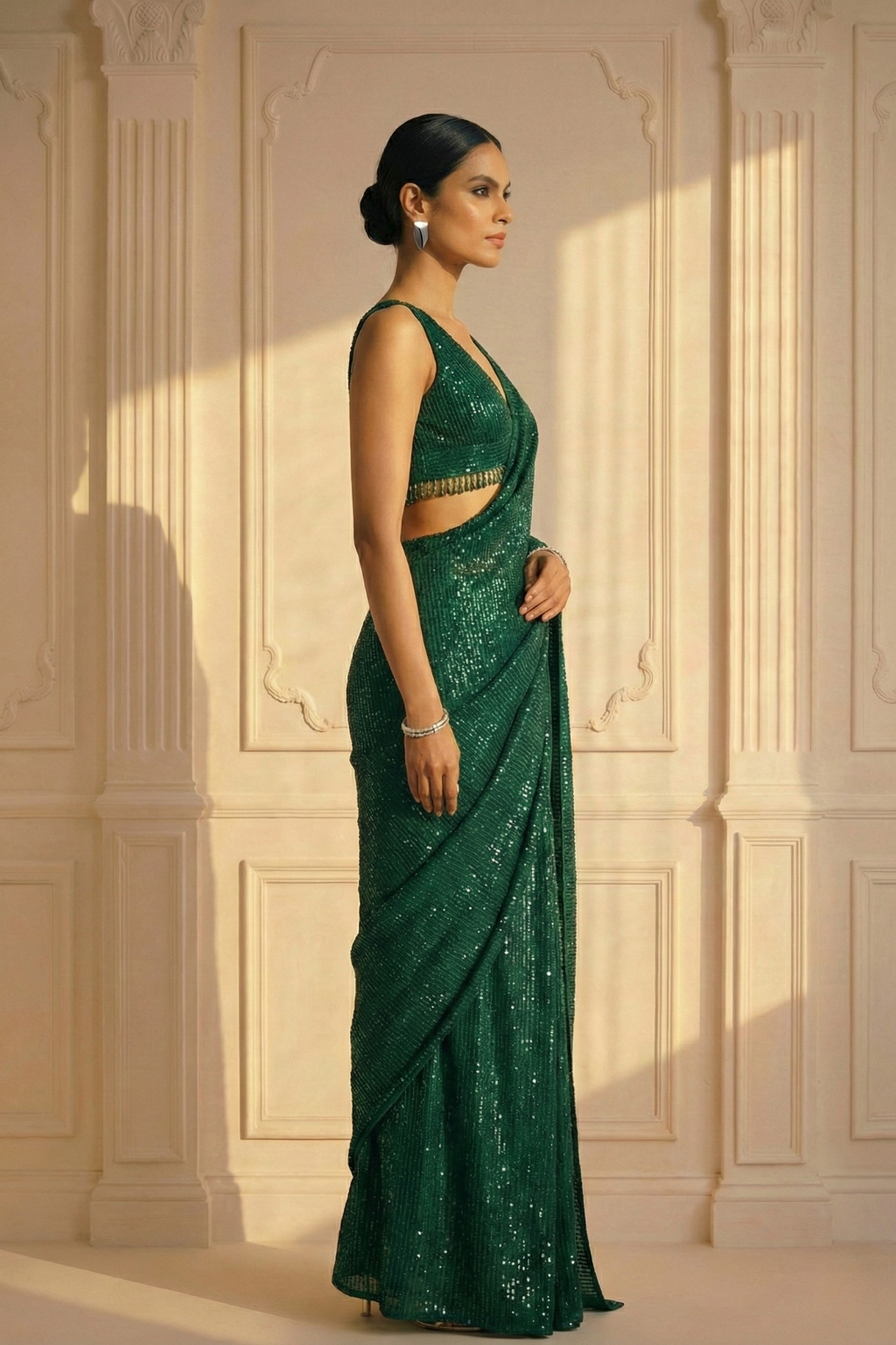 Dhiyona ST Emerald Green Knitted Sequin Saree with Blouse Fabric