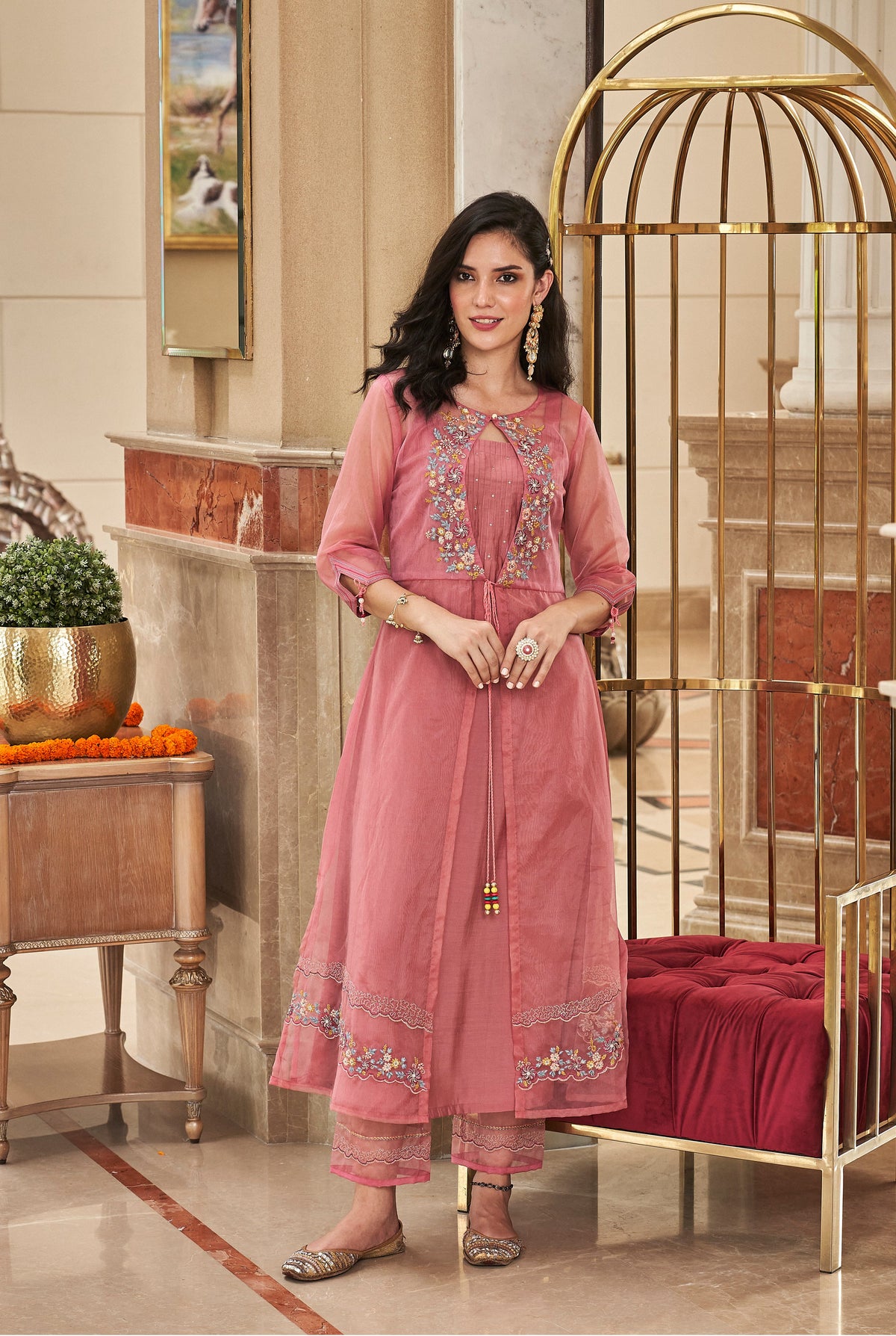 Shamita Carnation Embroidery Designer Organza Jacket Set
