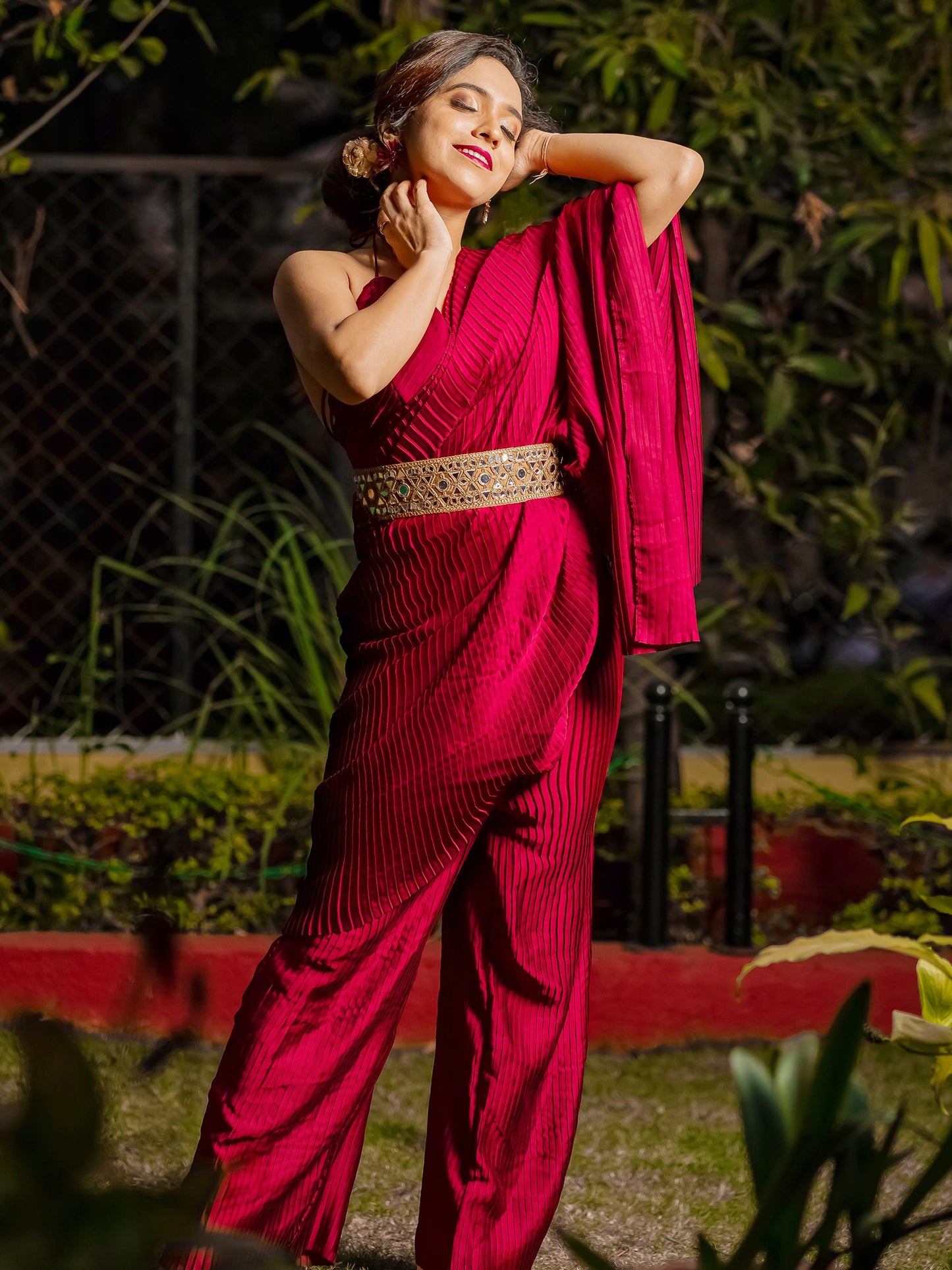 Dhiyona ST Women's Accordion Maroon Pre-Draped Saree with Self Arm-Tie 1 Piece | Festive Wear, (Satin)
