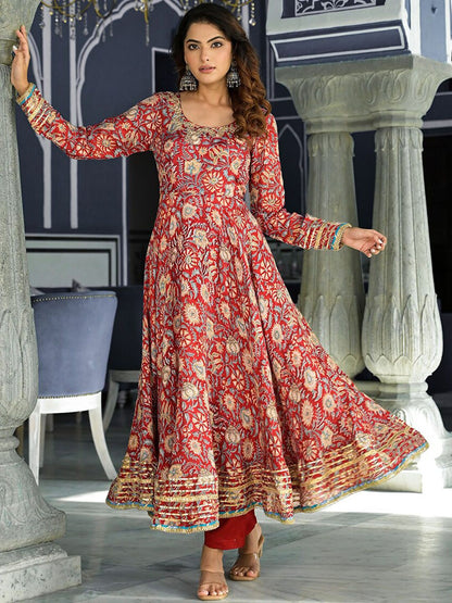 Dhiyona KL Floral Printed Thread Work Anarkali Kurta & Trousers With Dupatta
