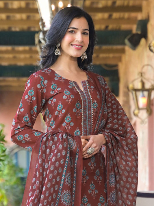 Dhiyona KL Women Floral Printed Regular Kurta with Trousers & With Dupatta