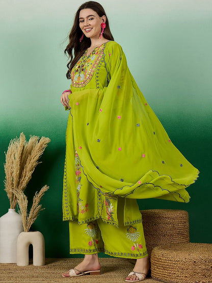 Dhiyona KL Floral Embroidered V-Neck Cuffed Sleeves Thread Work Kurta ,Palazzos & Dupatta