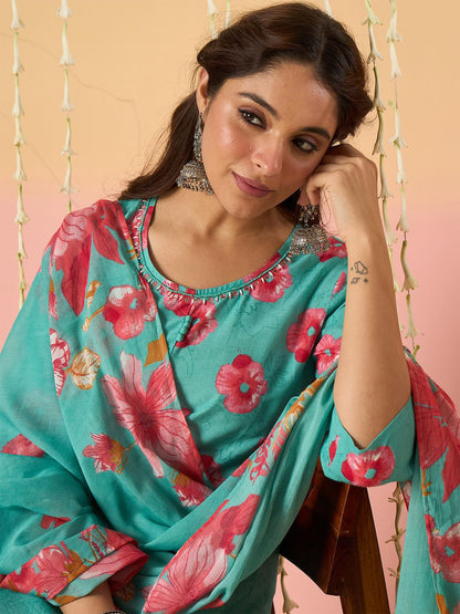 Floral Printed Pure Cotton Anarkali Kurta With Trousers & Dupatta