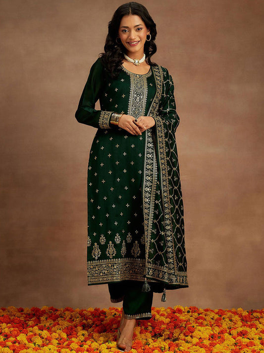 Women Floral Embroidered Regular Kurta with Trousers & With Dupatta