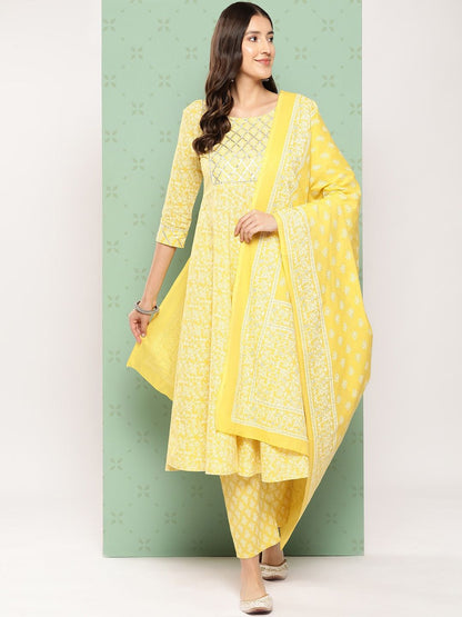Dhiyona KL Ethnic Motifs Printed Pure Cotton Anarkali Kurta with Trousers & Dupatta