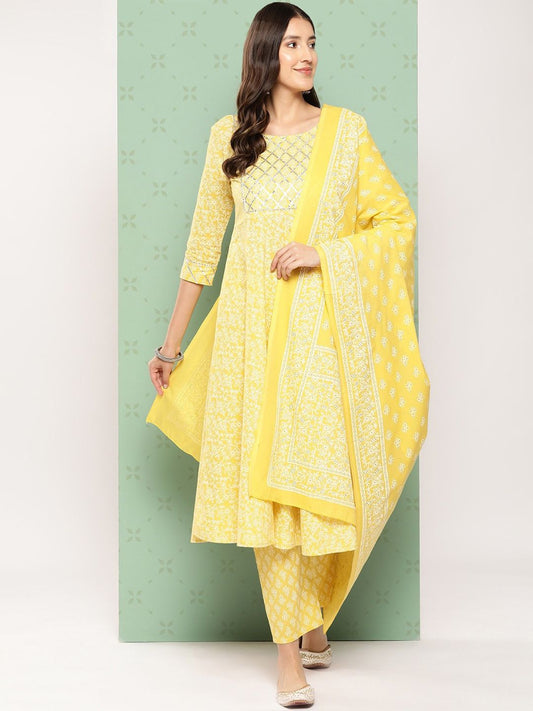 Dhiyona KL Ethnic Motifs Printed Pure Cotton Anarkali Kurta with Trousers & Dupatta