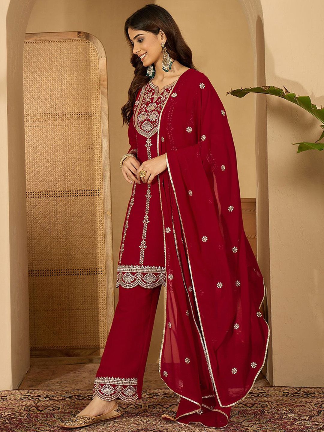 Dhiyona SN Georgette Zari Sequence Embroidered Kurta With Palazzos And Dupatta