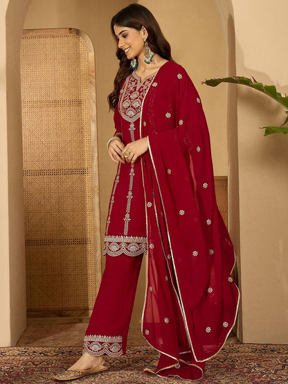 Dhiyona SN Georgette Zari Sequence Embroidered Kurta With Palazzos And Dupatta