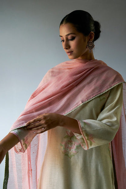 Women's Birch Cream Woven Kurta Suit Set With Hand Work Detailing