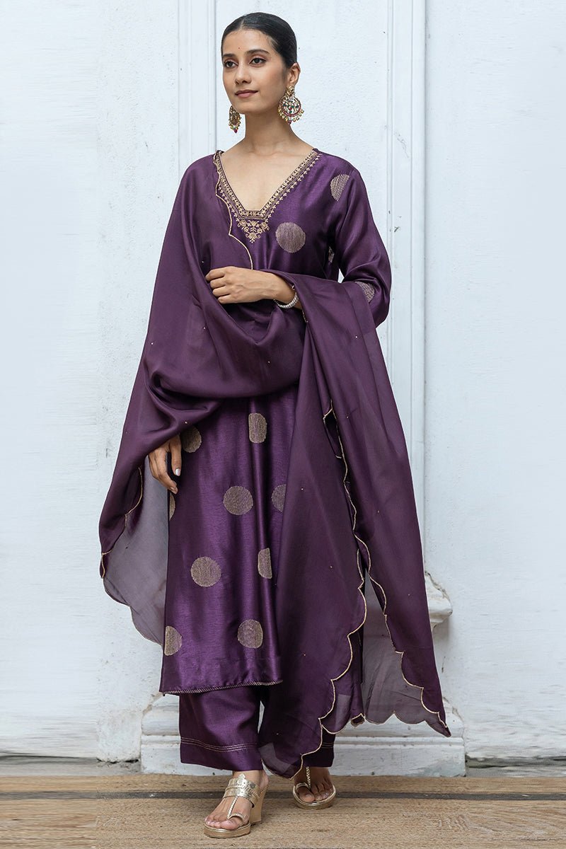 Women's Deep Purple Golden Embroidered Raw Silk Salwar Suit With Silk Organza Dupatta