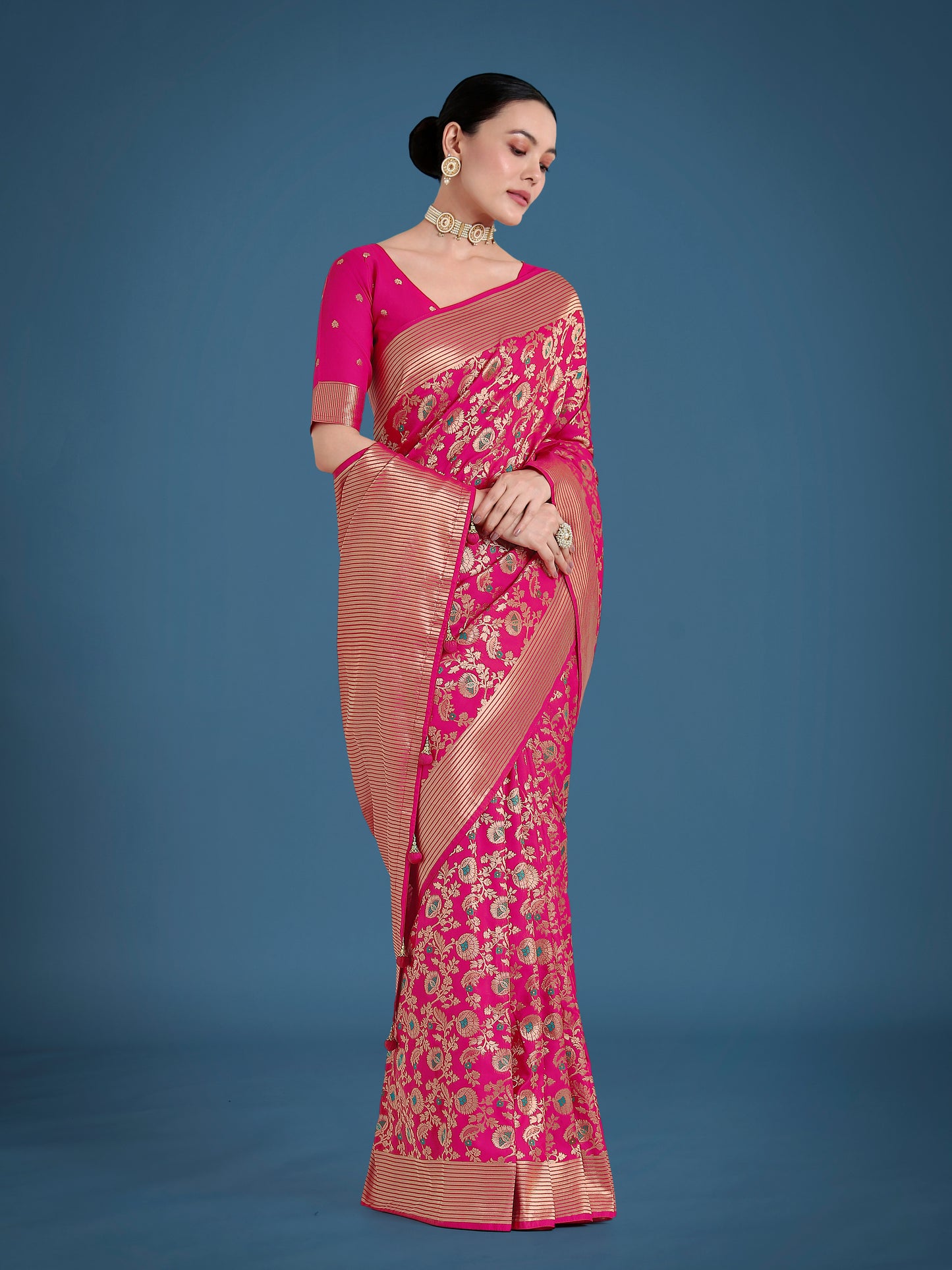 Dhiyona MJ Banarasi Silk Rani Pink Zaal Pattern Traditional Saree