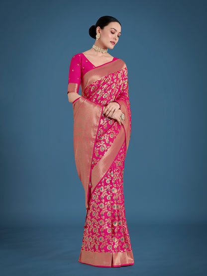 Dhiyona MJ Banarasi Silk Rani Pink Zaal Pattern Traditional Saree