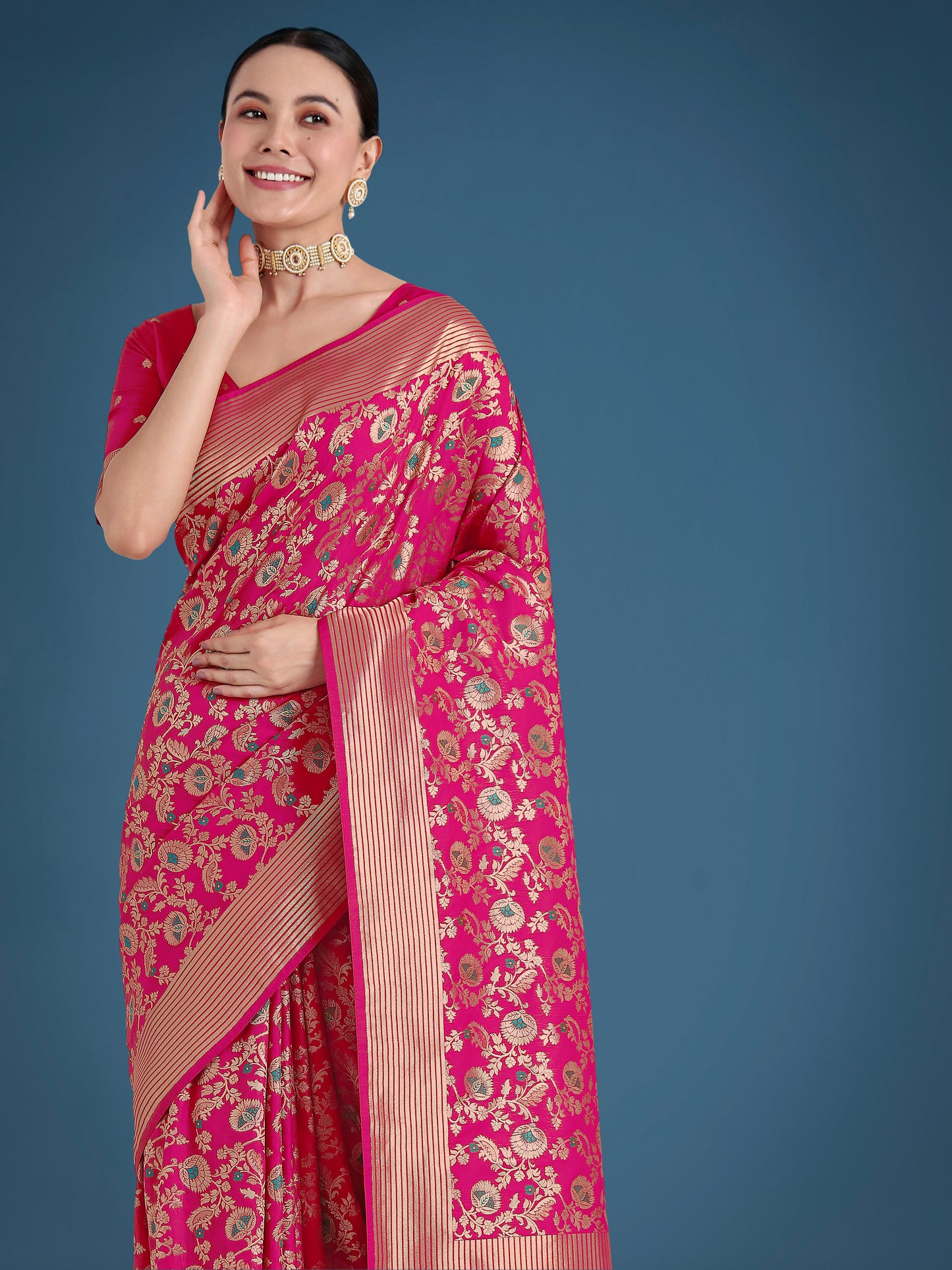 Dhiyona MJ Banarasi Silk Rani Pink Zaal Pattern Traditional Saree