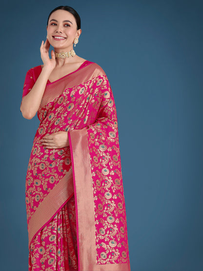 Dhiyona MJ Banarasi Silk Rani Pink Zaal Pattern Traditional Saree