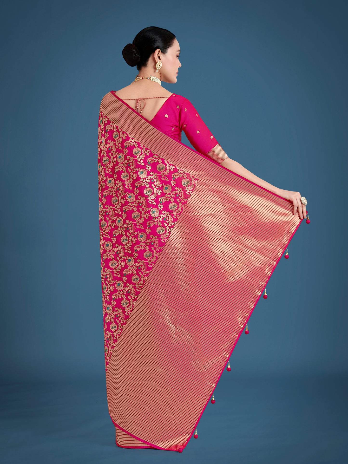 Dhiyona MJ Banarasi Silk Rani Pink Zaal Pattern Traditional Saree