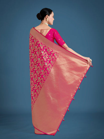 Dhiyona MJ Banarasi Silk Rani Pink Zaal Pattern Traditional Saree