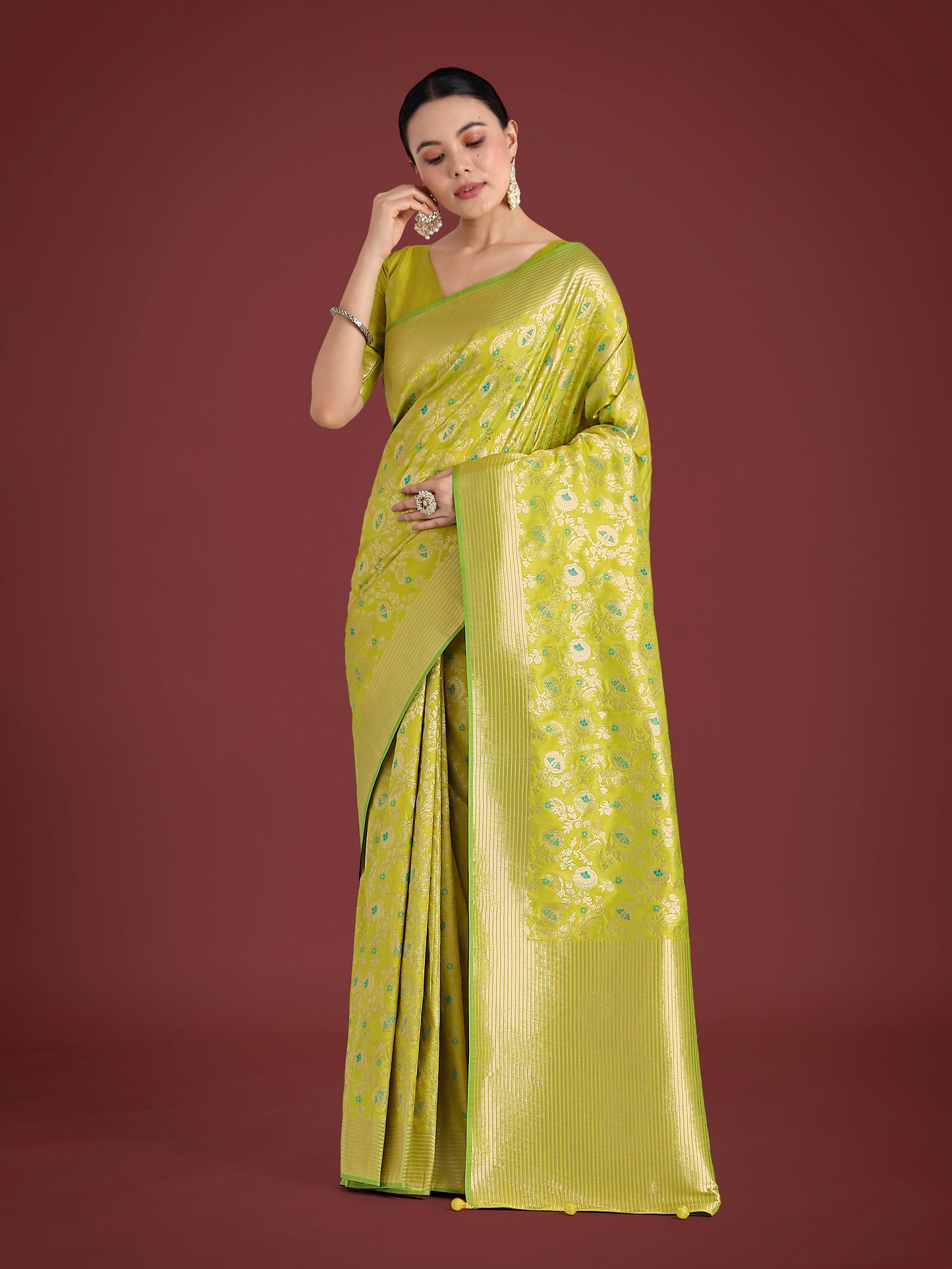 Dhiyona MJ Banarasi Silk Parrot Green Zaal Pattern Traditional Saree