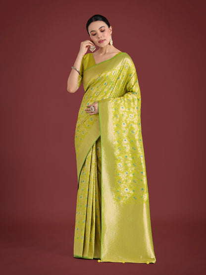 Dhiyona MJ Banarasi Silk Parrot Green Zaal Pattern Traditional Saree