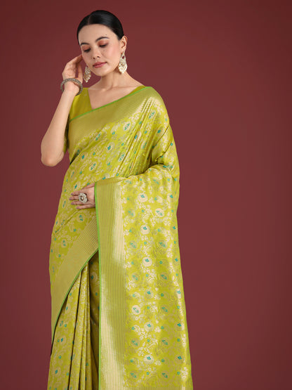 Dhiyona MJ Banarasi Silk Parrot Green Zaal Pattern Traditional Saree