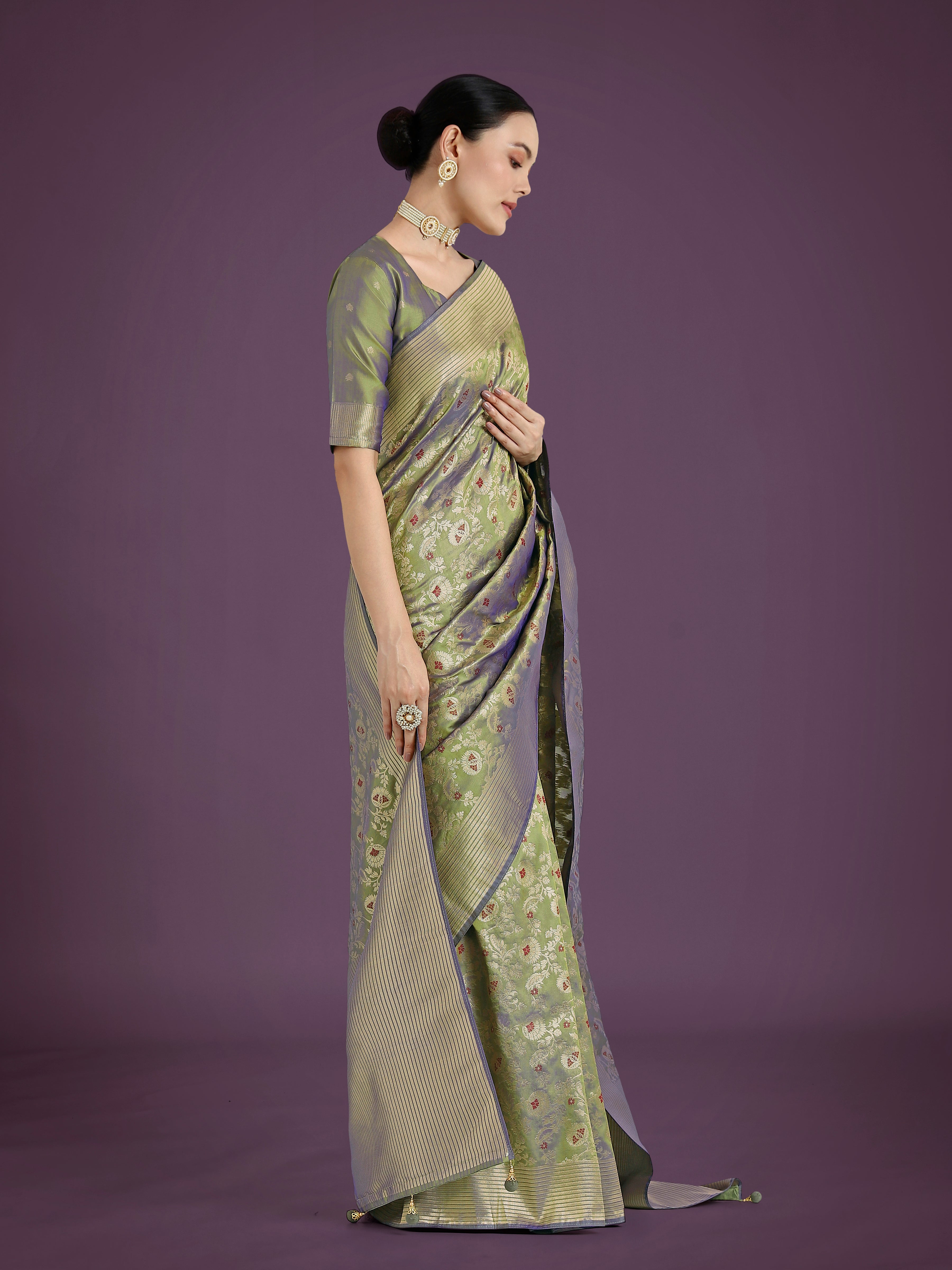 Dhiyona MJ Banarasi Silk Olive Zaal Pattern Traditional Saree