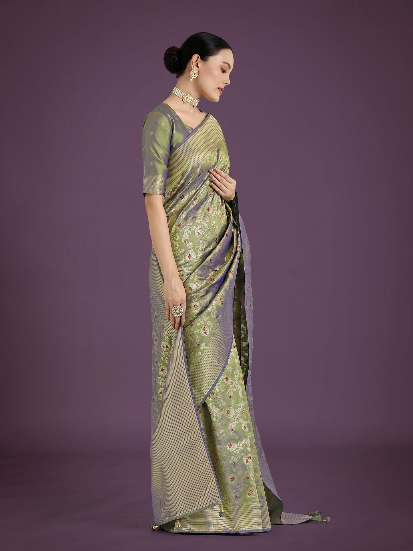 Dhiyona MJ Banarasi Silk Olive Zaal Pattern Traditional Saree