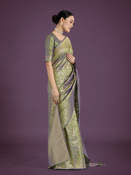 Dhiyona MJ Banarasi Silk Olive Zaal Pattern Traditional Saree