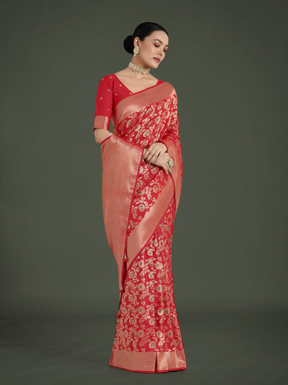 Dhiyona MJ Banarasi Silk Red Zaal Pattern Traditional Saree