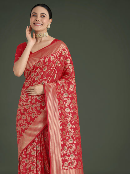 Dhiyona MJ Banarasi Silk Red Zaal Pattern Traditional Saree