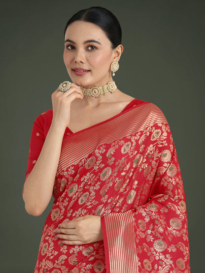Dhiyona MJ Banarasi Silk Red Zaal Pattern Traditional Saree
