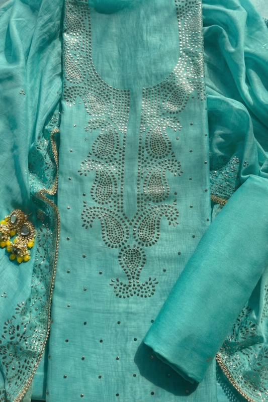 Dhiyona ST 3 Pc Unstitched Suit - Chanderi Turq Mukiesh Kurta with Lining ,Dupatta and Bottom